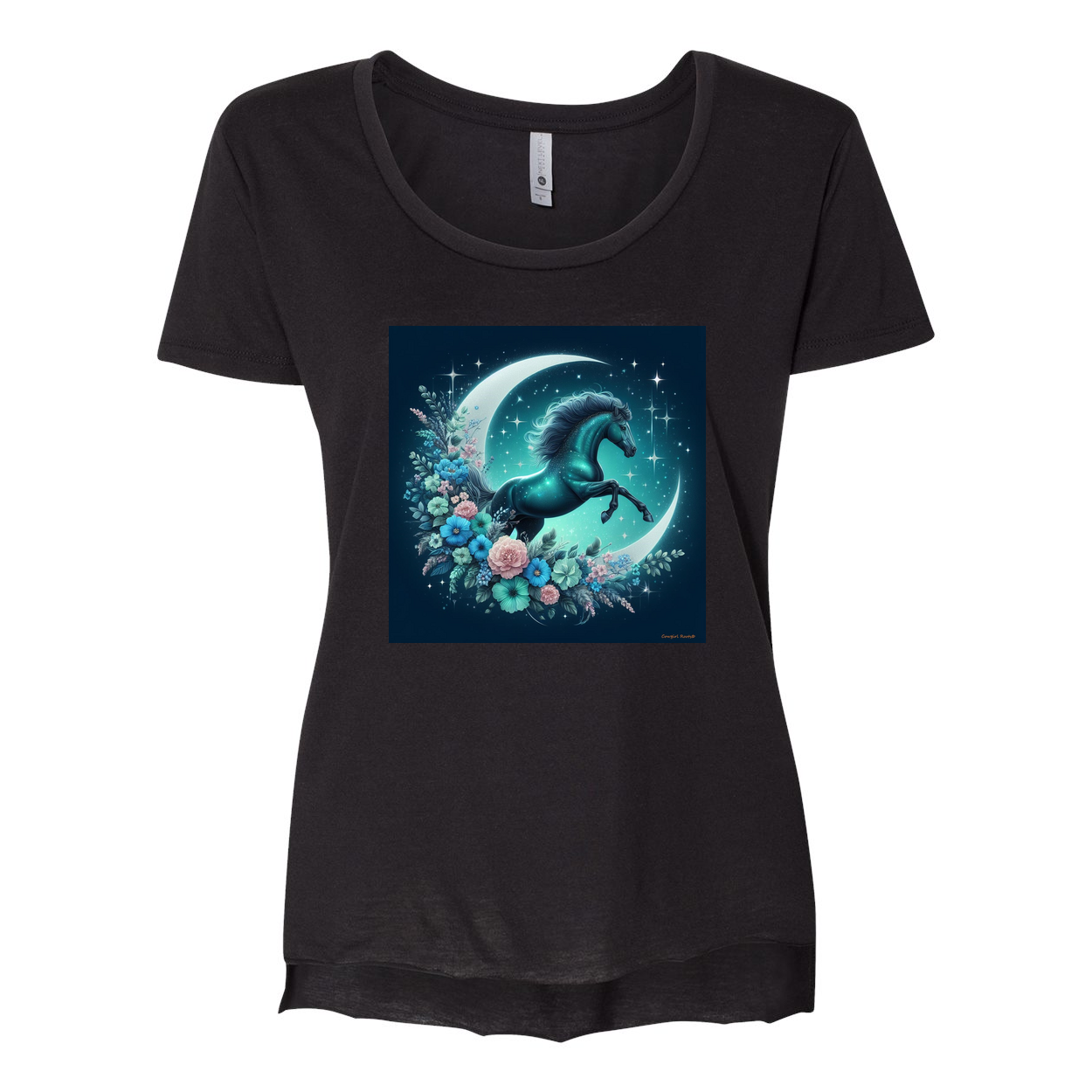 Moon Flowers Turquoise Horse Scoop Neck T Shirts