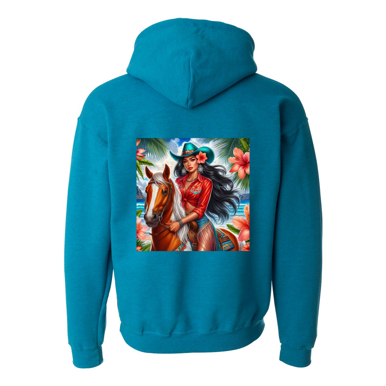 Hawaiian Cowgirl on Horse Design on Back Front Pocket Hoodies