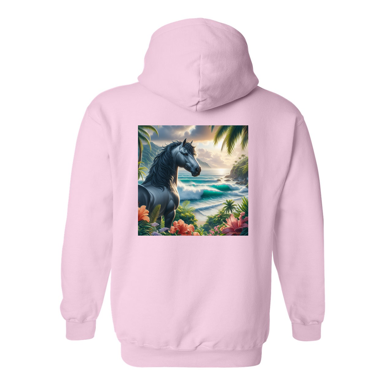 Tropical Grey Stallion Horse Design on Back Front Pocket Hoodies