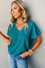 Load image into Gallery viewer, Blue Sapphire Crinkled V Neck Wide Sleeve T-shirt
