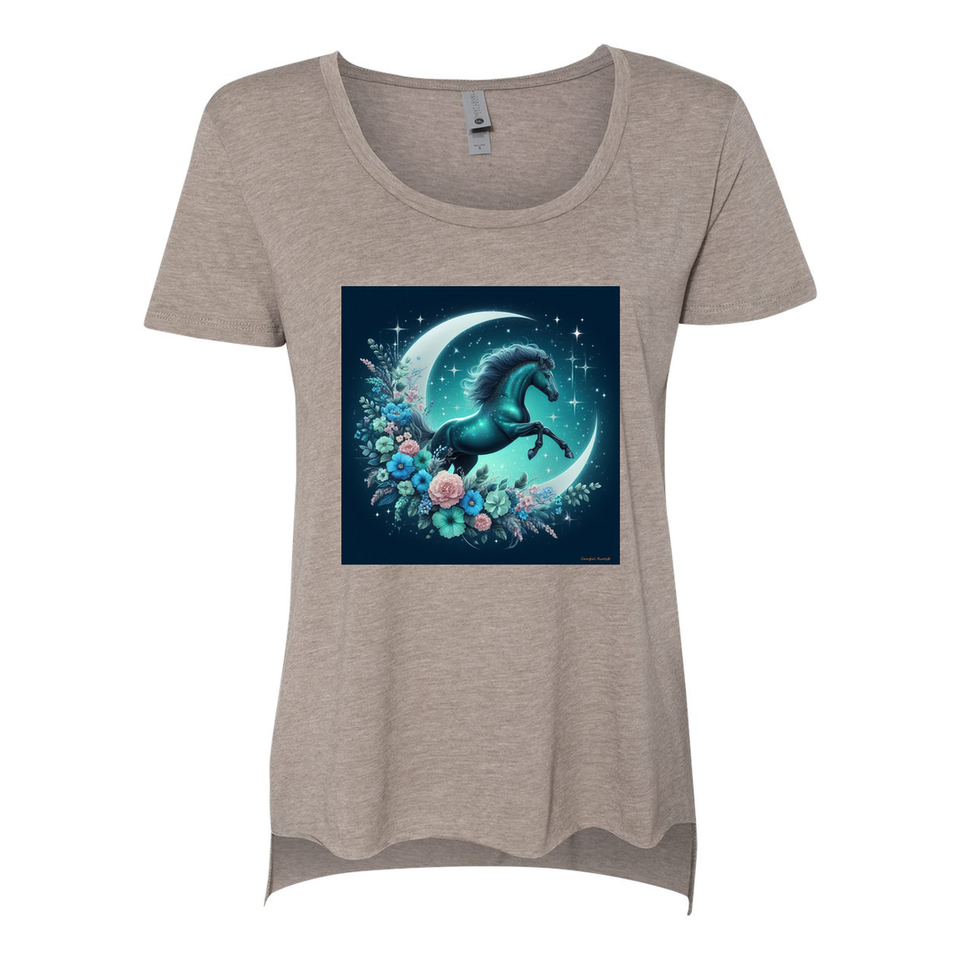 Moon Flowers Turquoise Horse Scoop Neck T Shirts