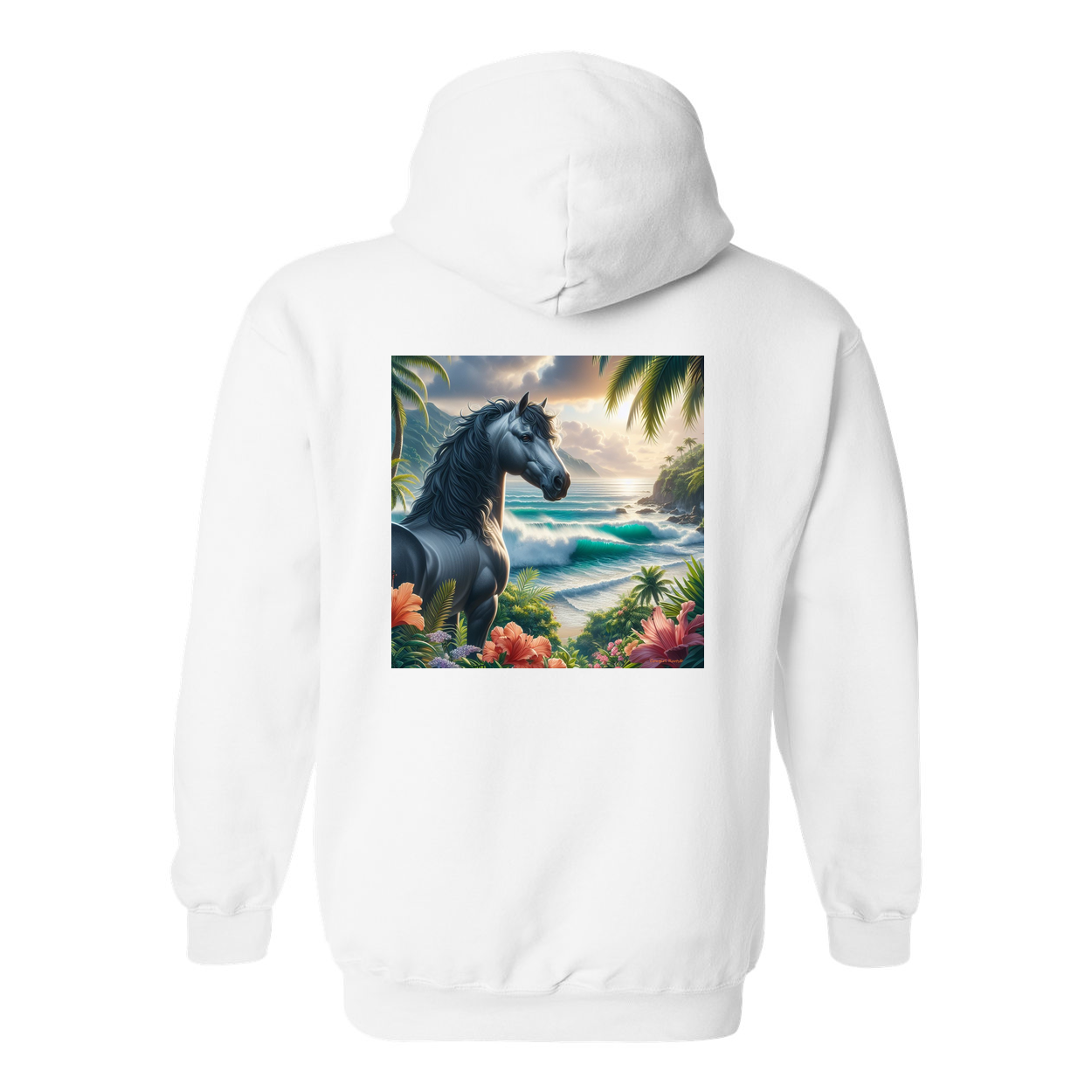 Tropical Grey Stallion Horse Design on Back Front Pocket Hoodies