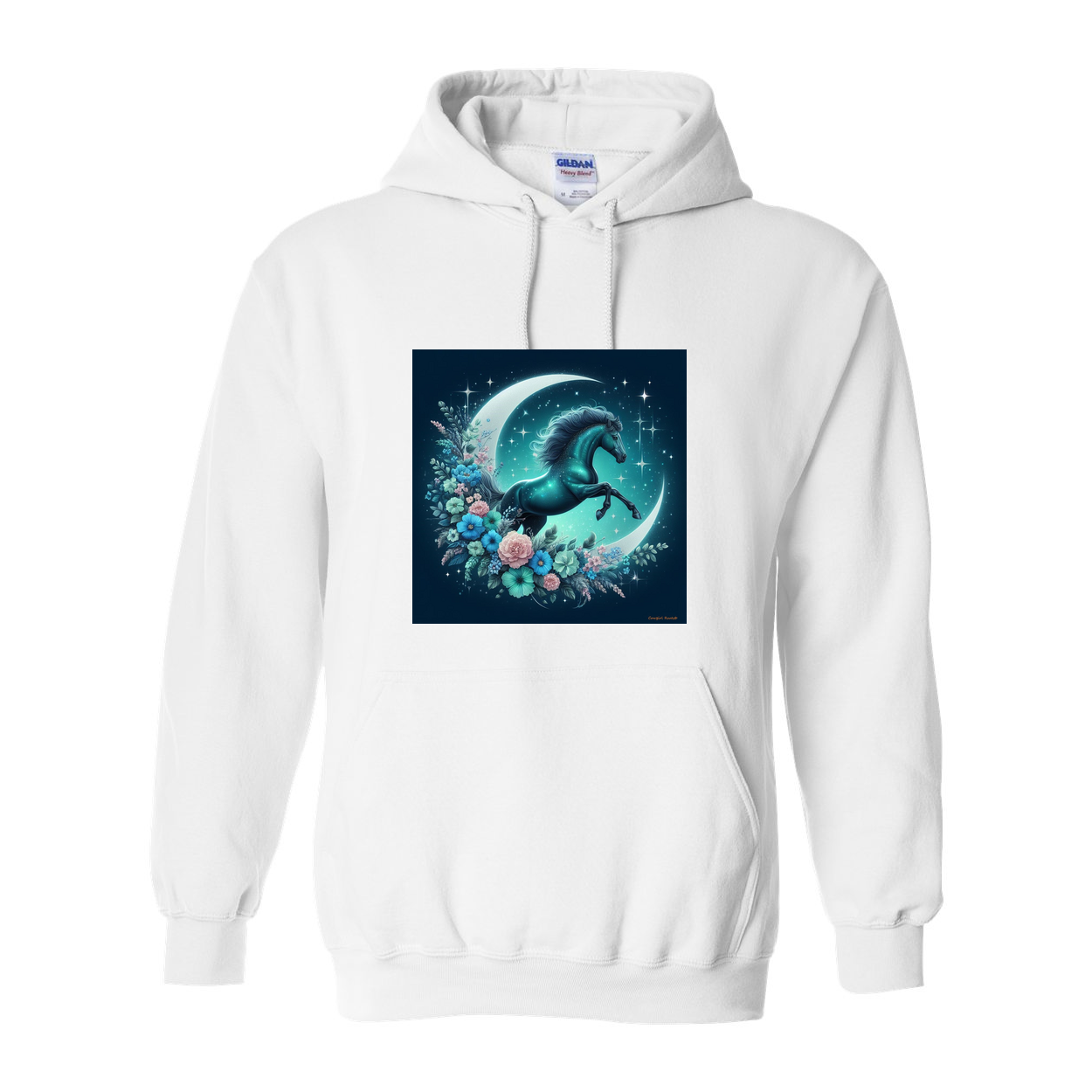 Moon Flowers Turquoise Horse Pull Over Front Pocket Hoodies