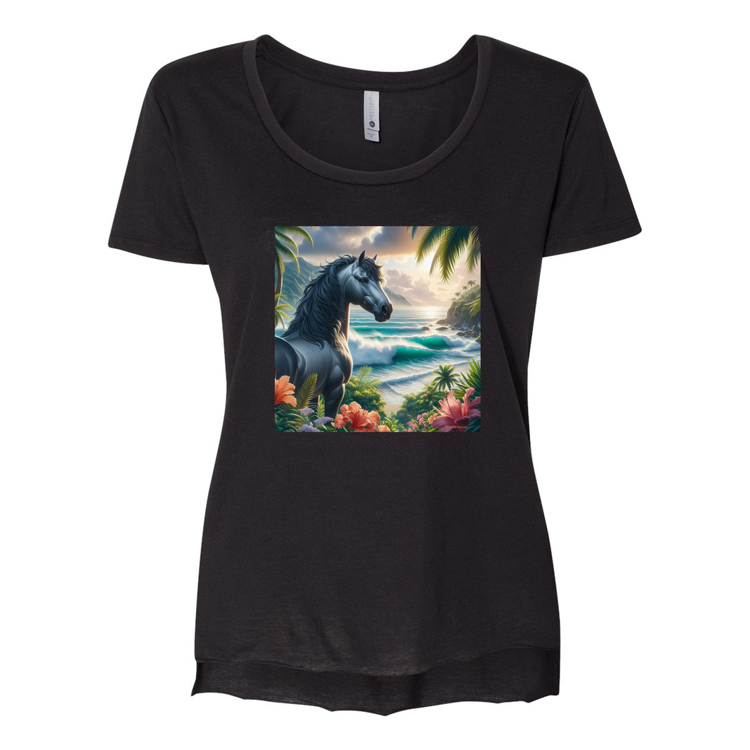 Tropical Grey Stallion Horse Scoop Neck T Shirts