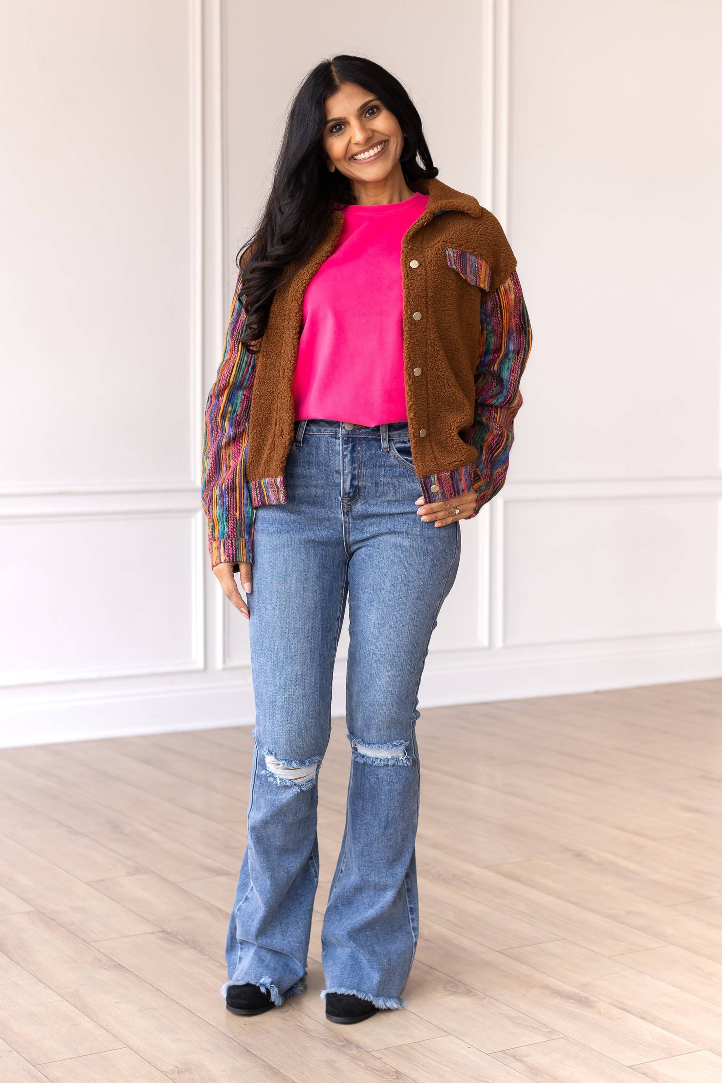 Brown Sherpa with Sassy Serape Multi-Colored Sleeves