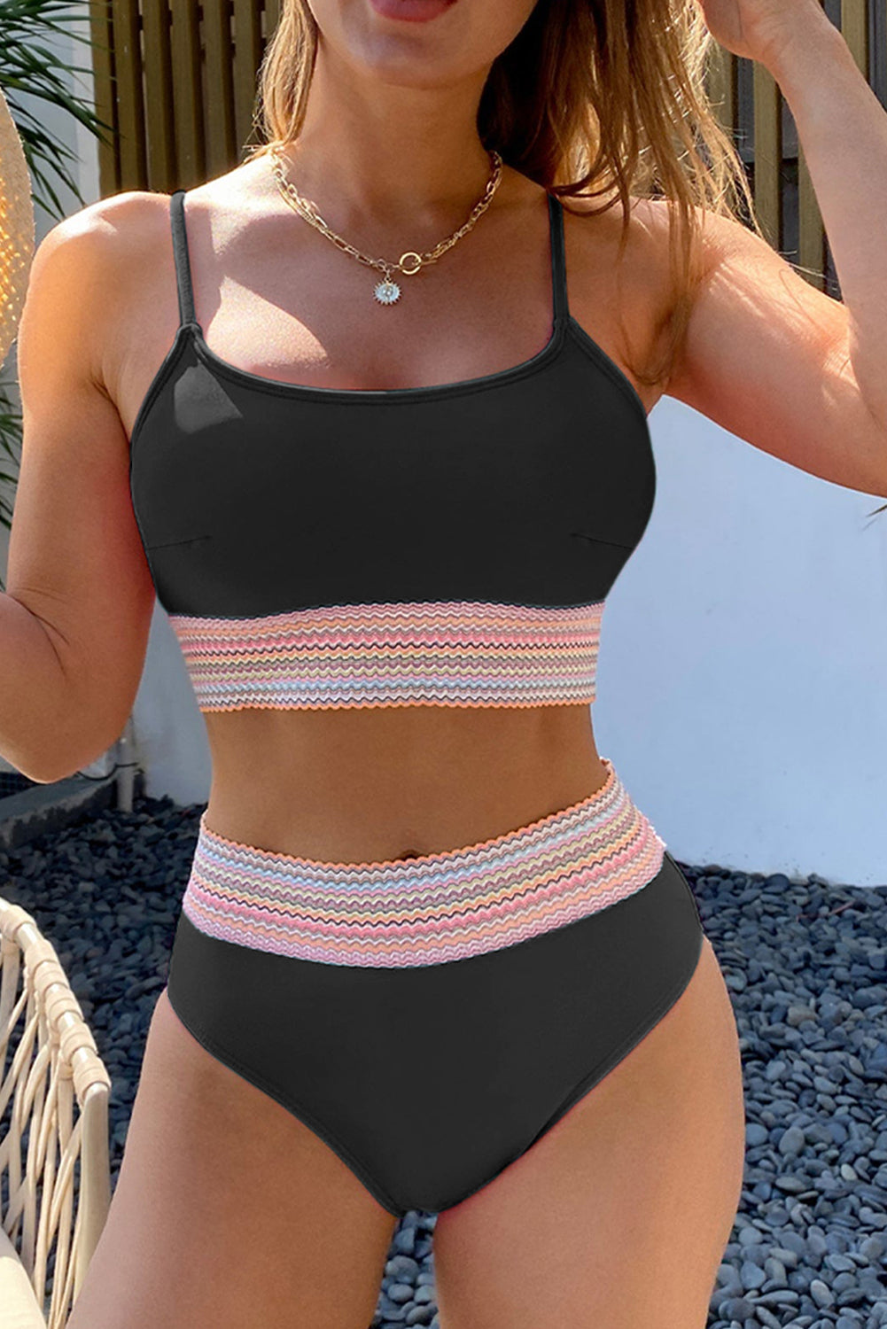 Black or Sky Blue Striped Patchwork Spaghetti Strap High Waist Bikini Swimsuit