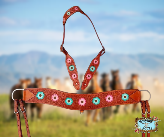 Flower Trip Hand Tooled Tripping Collar Horse Tack Bridle Set