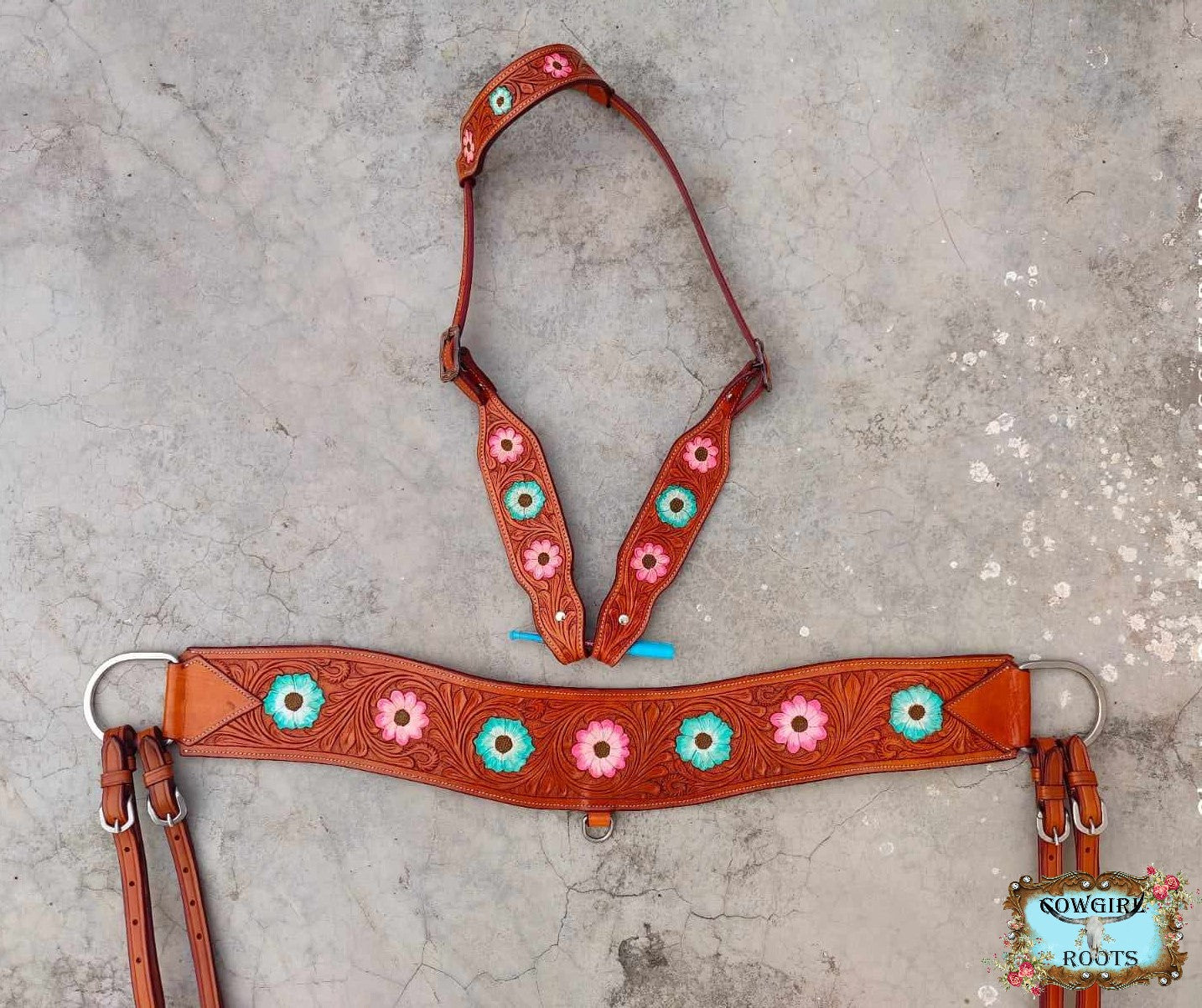 Flower Trip Hand Tooled Tripping Collar Horse Tack Bridle Set