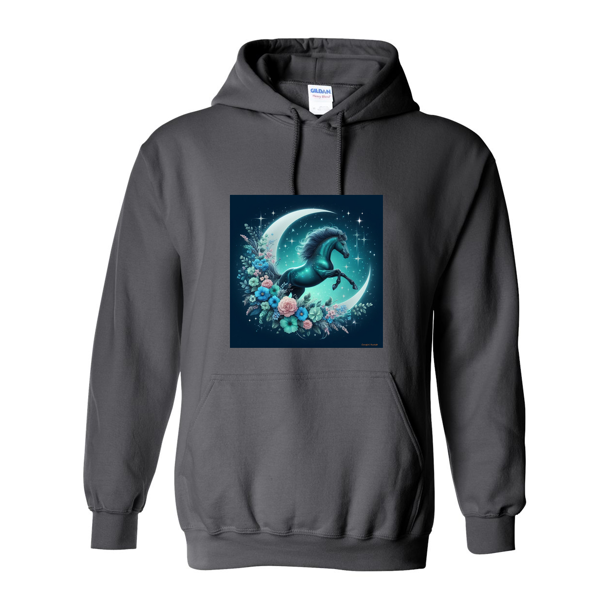 Moon Flowers Turquoise Horse Pull Over Front Pocket Hoodies