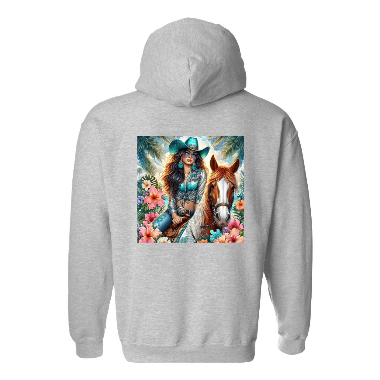 Cowgirl Tropics Design on Back Front Pocket Hoodies