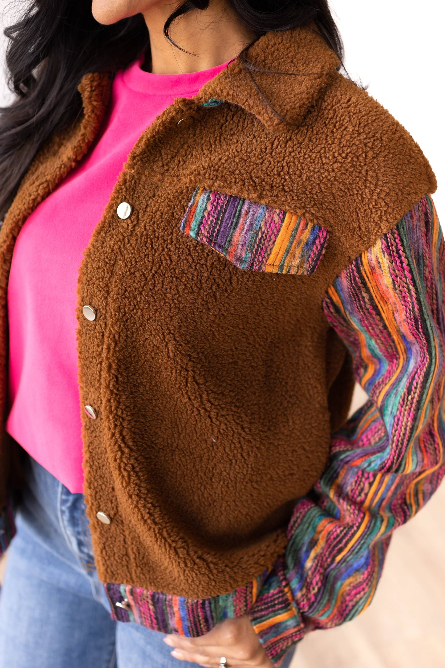 Brown Sherpa with Sassy Serape Multi-Colored Sleeves