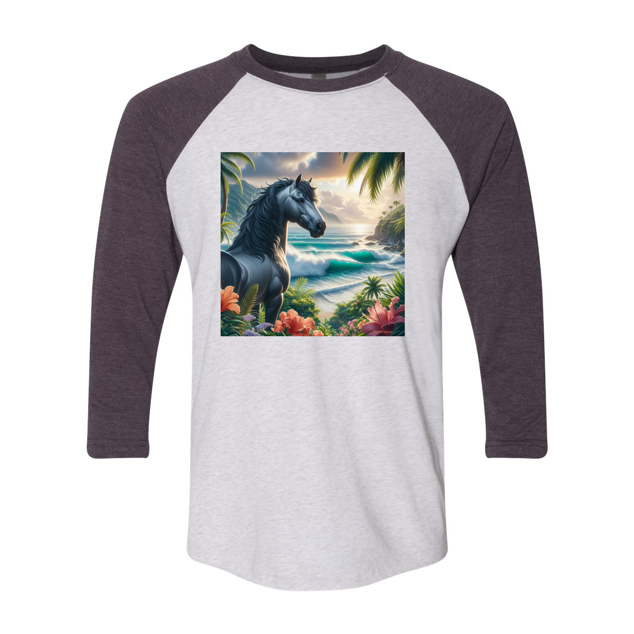 Tropical Grey Stallion Horse 3 4 Raglan T Shirts