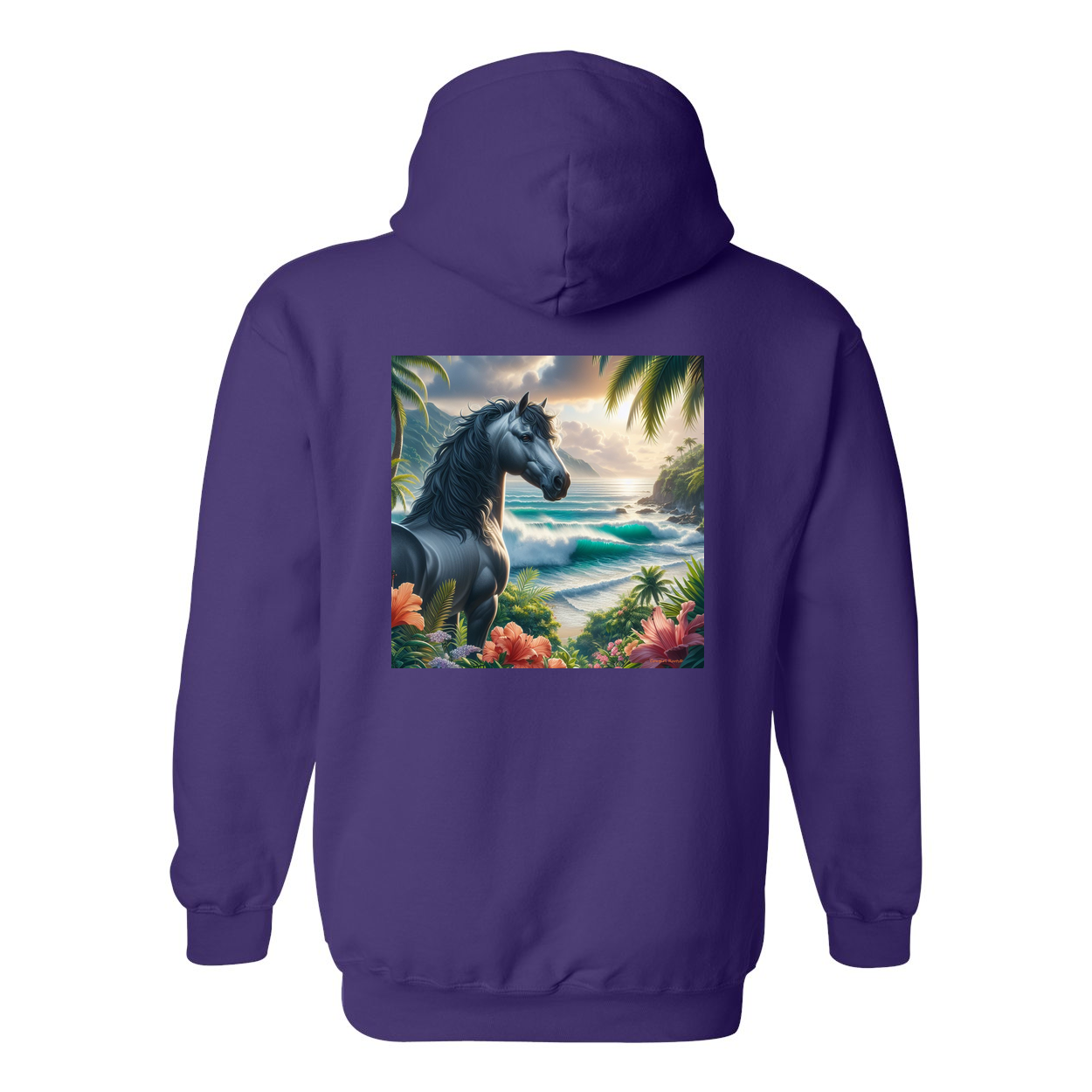 Tropical Grey Stallion Horse Design on Back Front Pocket Hoodies