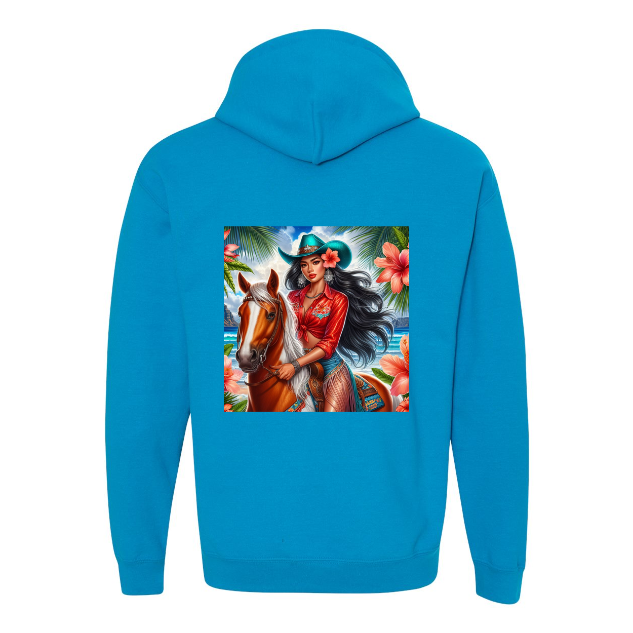 Hawaiian Cowgirl on Horse Design on Back Front Pocket Hoodies