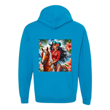 Load image into Gallery viewer, Hawaiian Cowgirl on Horse Design on Back Front Pocket Hoodies
