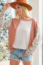Load image into Gallery viewer, Orange Color Block Leopard Sleeve Patchwork Top

