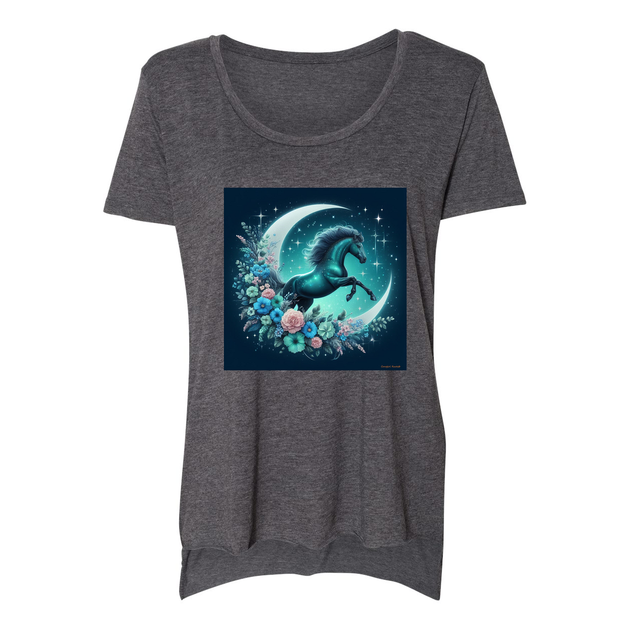 Moon Flowers Turquoise Horse Scoop Neck T Shirts