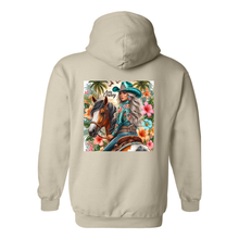 Load image into Gallery viewer, Aloha Cowboy Island Cowgirl Design on Back Front Pocket Hood
