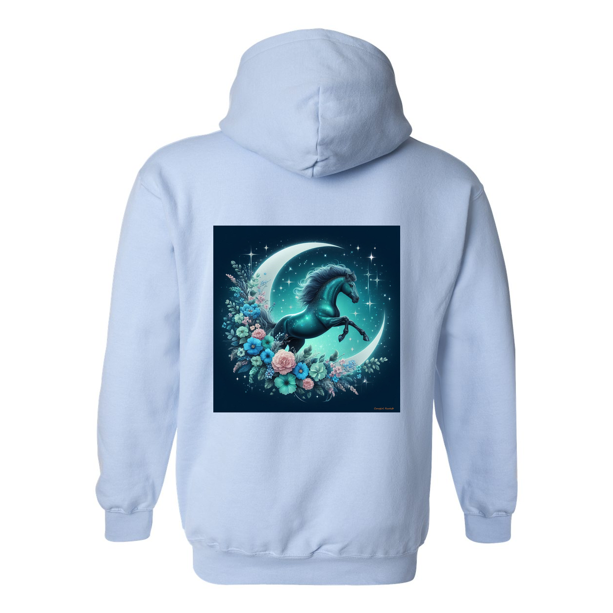 Moon Flowers Turquoise Horse Design on Back Front Pocket Hoodies