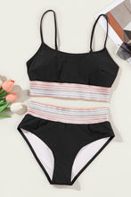 Load image into Gallery viewer, Black or Sky Blue Striped Patchwork Spaghetti Strap High Waist Bikini Swimsuit
