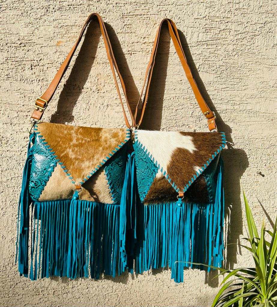 Hair on Hide and Turquoise Filigree Leather with Suede Fringe Cross Body Handbag
