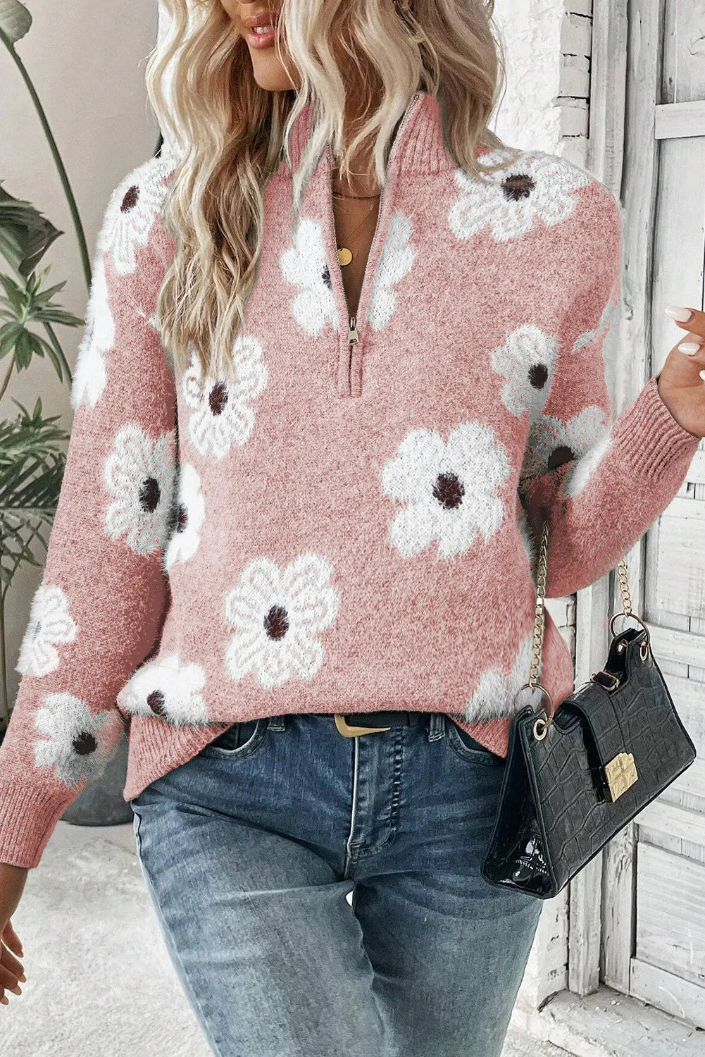 Flower Half Zip Long Sleeve Sweater Choose Green Pink or Grey