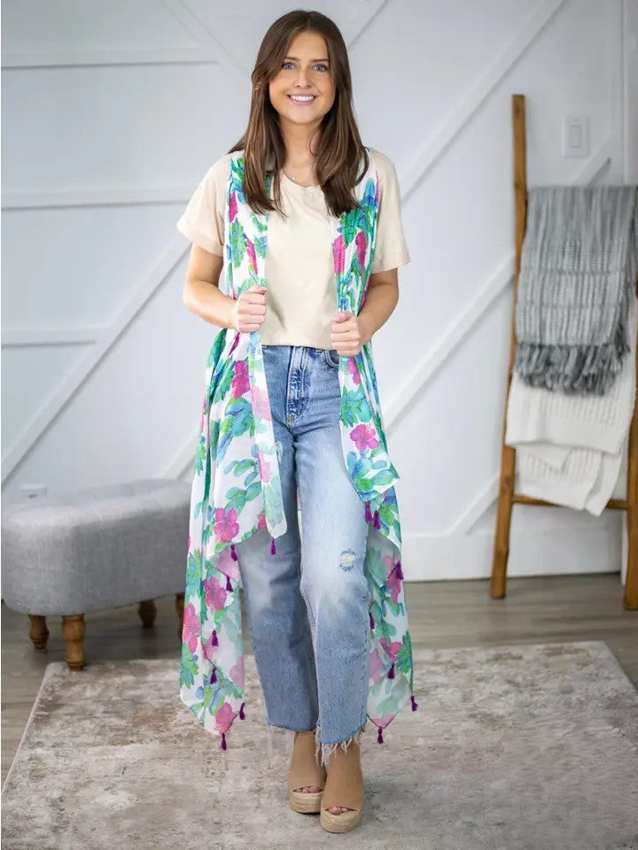 Floral Cactus Long Kimono Vest