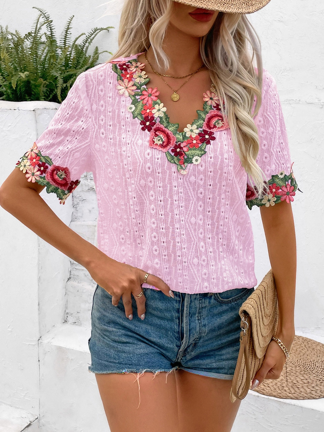 Eyelet Embroidered V-Neck Short Sleeve Blouse Choose Color