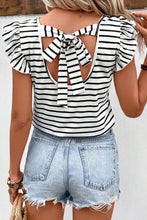 Load image into Gallery viewer, White Stripe Butterfly Sleeve V Neck Hollowed Knot Back T Shirt

