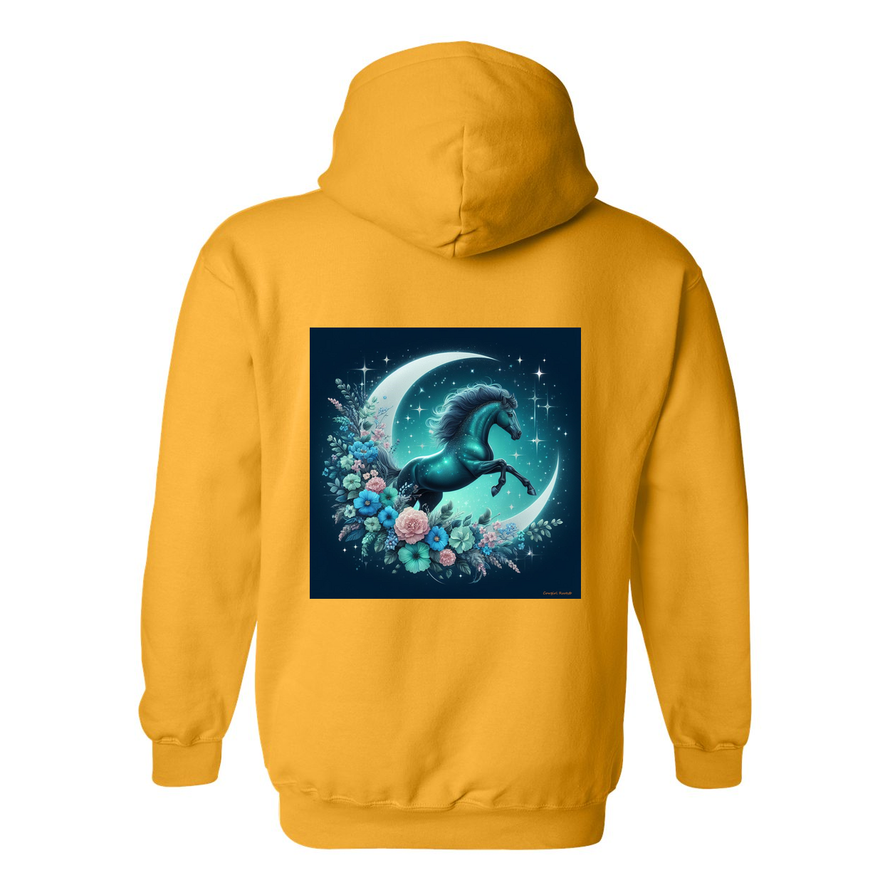 Moon Flowers Turquoise Horse Design on Back Front Pocket Hoodies