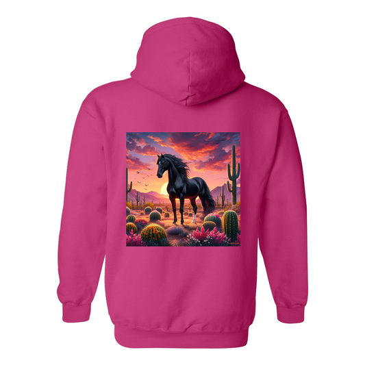 Black Stallion Desert Sunset Design on Back Front Pocket Hoodies