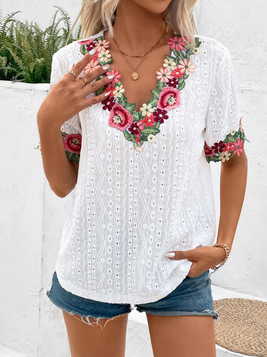 Eyelet Embroidered V-Neck Short Sleeve Blouse Choose Color