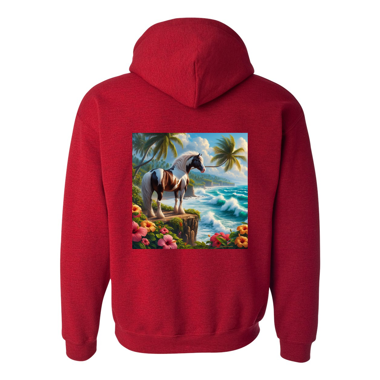 Tropical Red and White Paint Horse Design on Back Front Pocket Hoodies