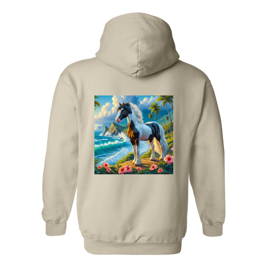 Tropical Black and White Horse Pull Over Front Pocket Hoodies