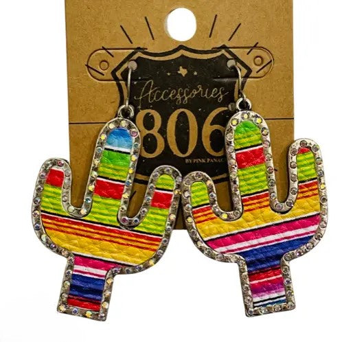 Cactus Earrings with Serape Inlay and Crystal Accents