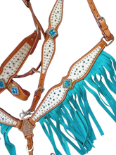 Load image into Gallery viewer, Traditional White Croc Bling Turquoise Fringe Horse Headstall Breast Collar Set Wither Strap
