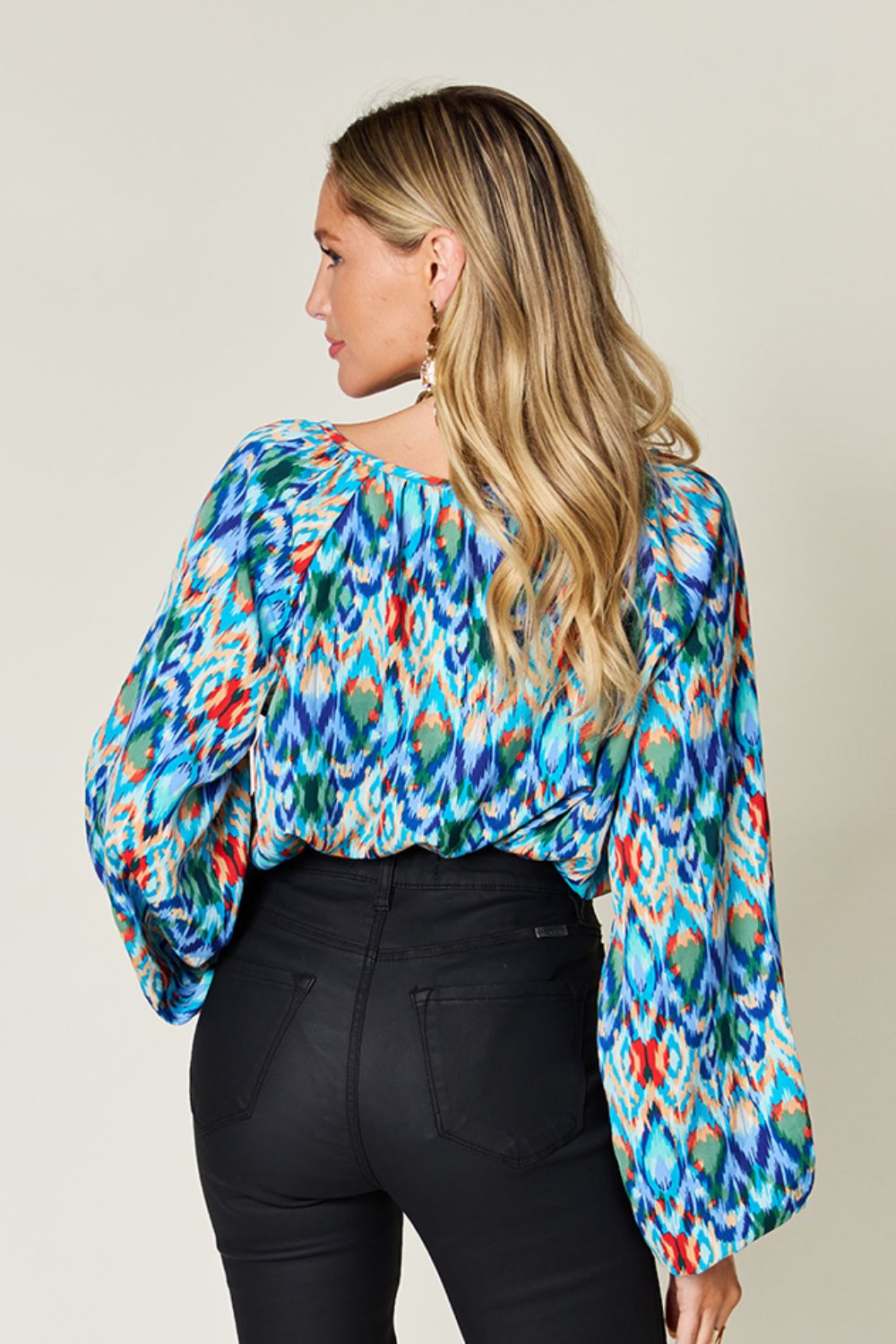 Double Take Full Size Printed Balloon Sleeve Blouse Choose Blue or Green