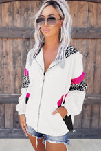 Load image into Gallery viewer, White Leopard Color Block Pockets Zip-up Hooded Jacket
