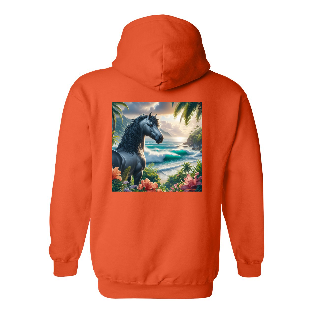 Tropical Grey Stallion Horse Design on Back Front Pocket Hoodies