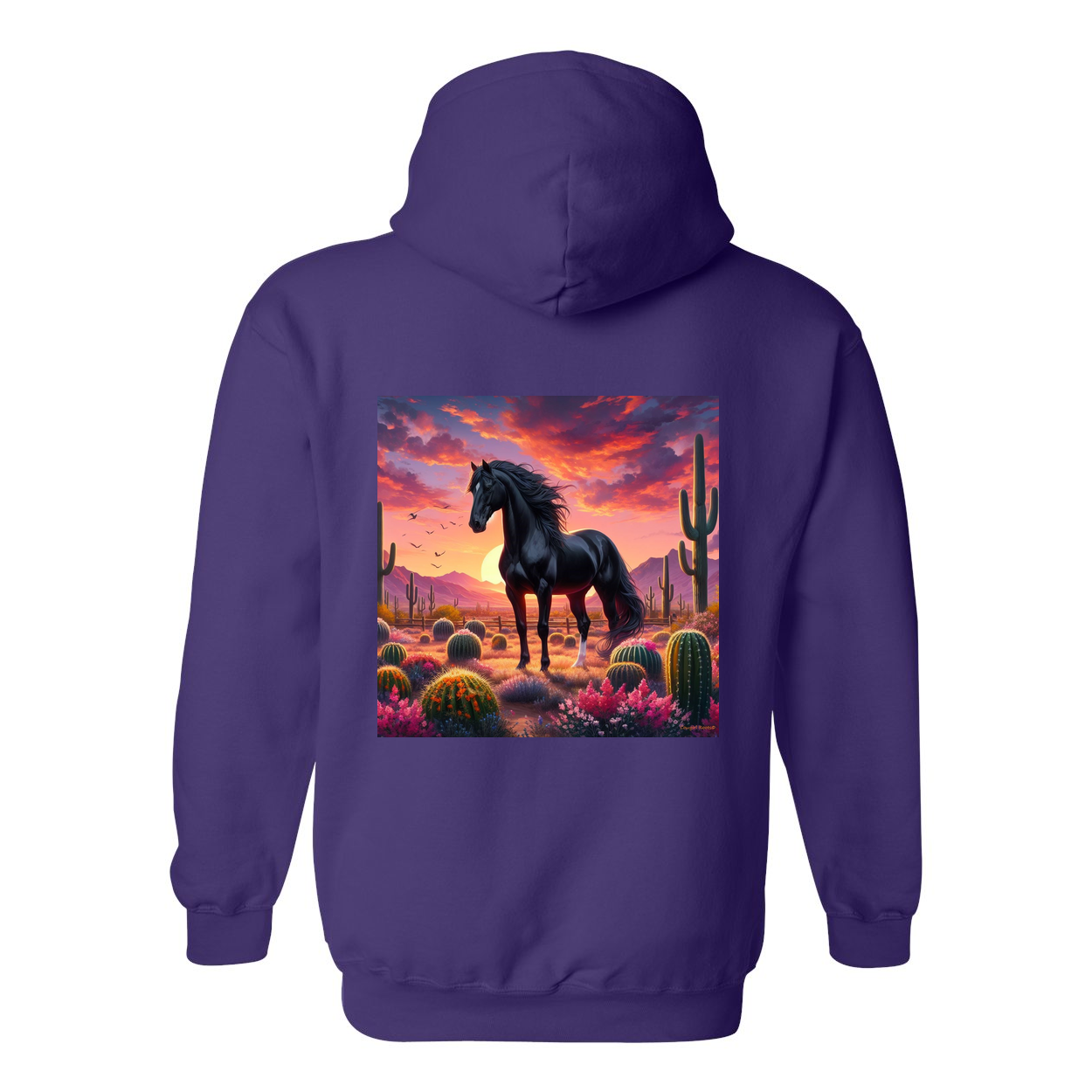 Black Stallion Desert Sunset Design on Back Front Pocket Hoodies