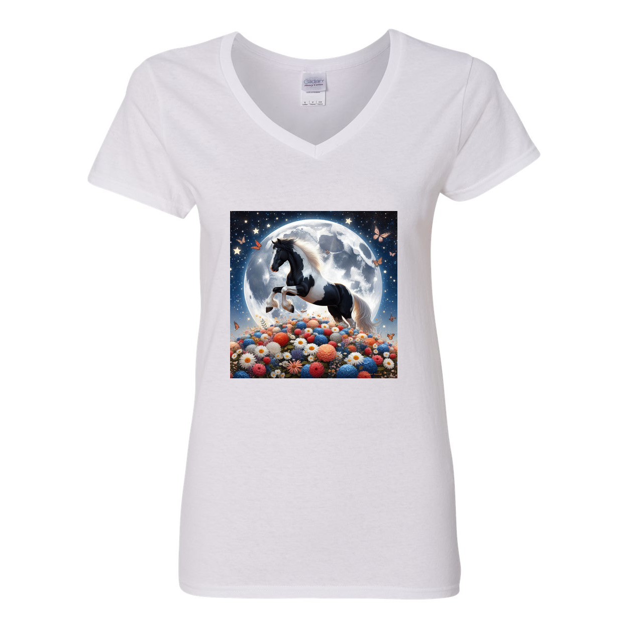 Spring Moon Horse V Neck T Shirts