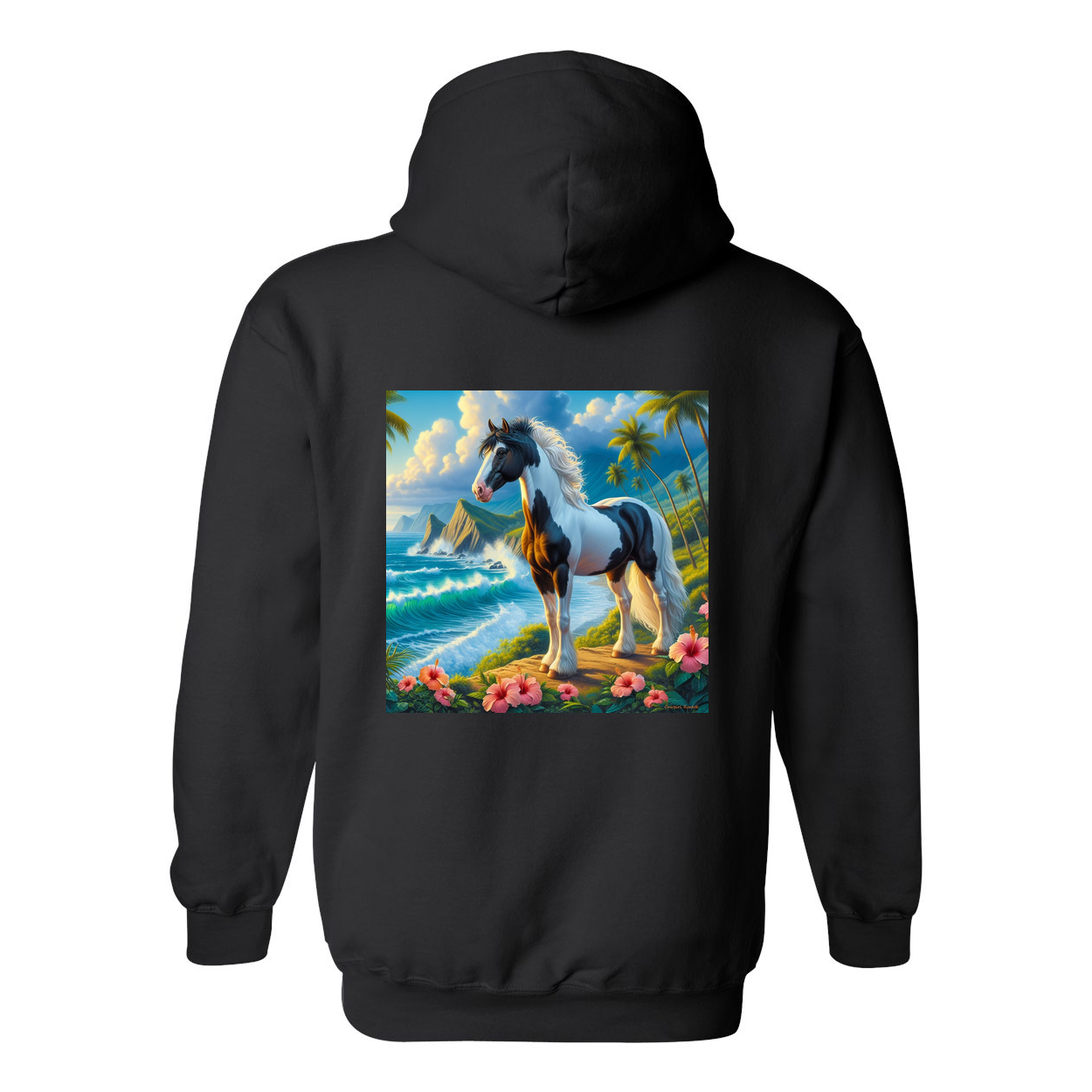 Tropical Black and White Horse Pull Over Front Pocket Hoodies