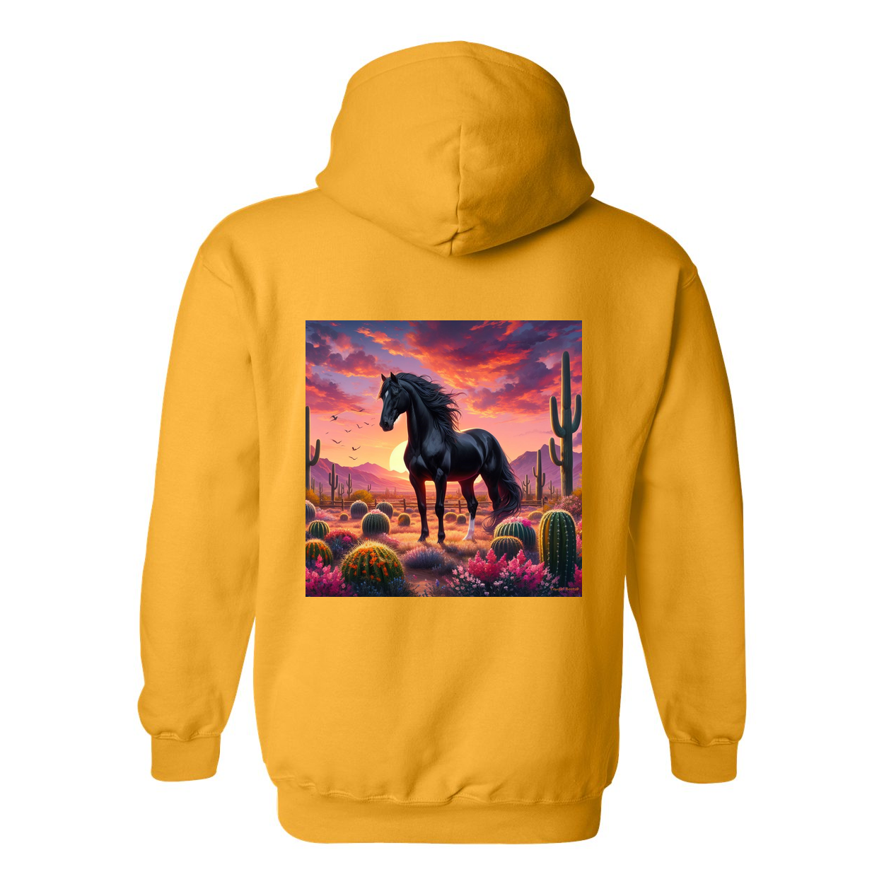 Black Stallion Desert Sunset Design on Back Front Pocket Hoodies