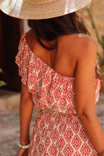 Load image into Gallery viewer, Fiery Red Boho Geometric Print One Shoulder Side Slit Maxi Dress
