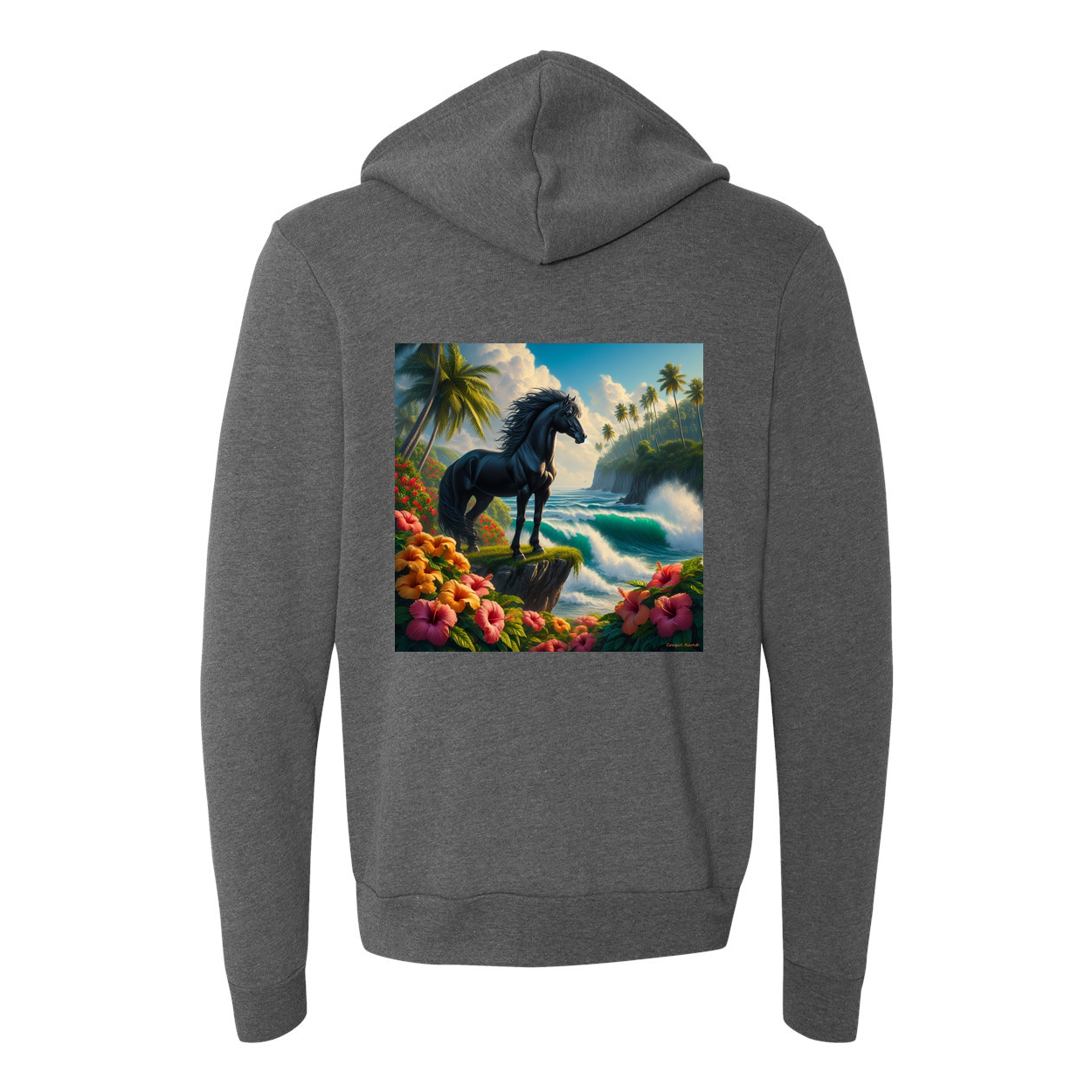 Tropical Black Stallion Horse Zip-Up Front Pocket Hooded Sweatshirts