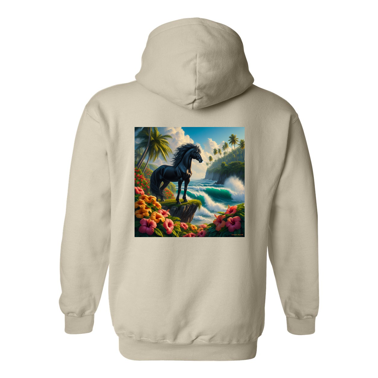 Tropical Black Stallion Design on Back Front Pocket Hoodies