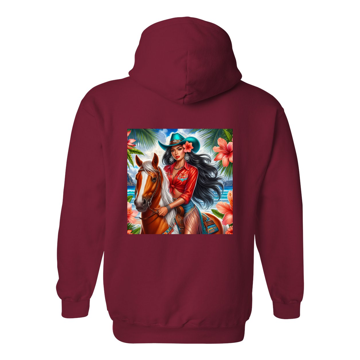 Hawaiian Cowgirl on Horse Design on Back Front Pocket Hoodies