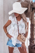 Load image into Gallery viewer, White V Neck Ruffled Embroidered Sleeveless Top
