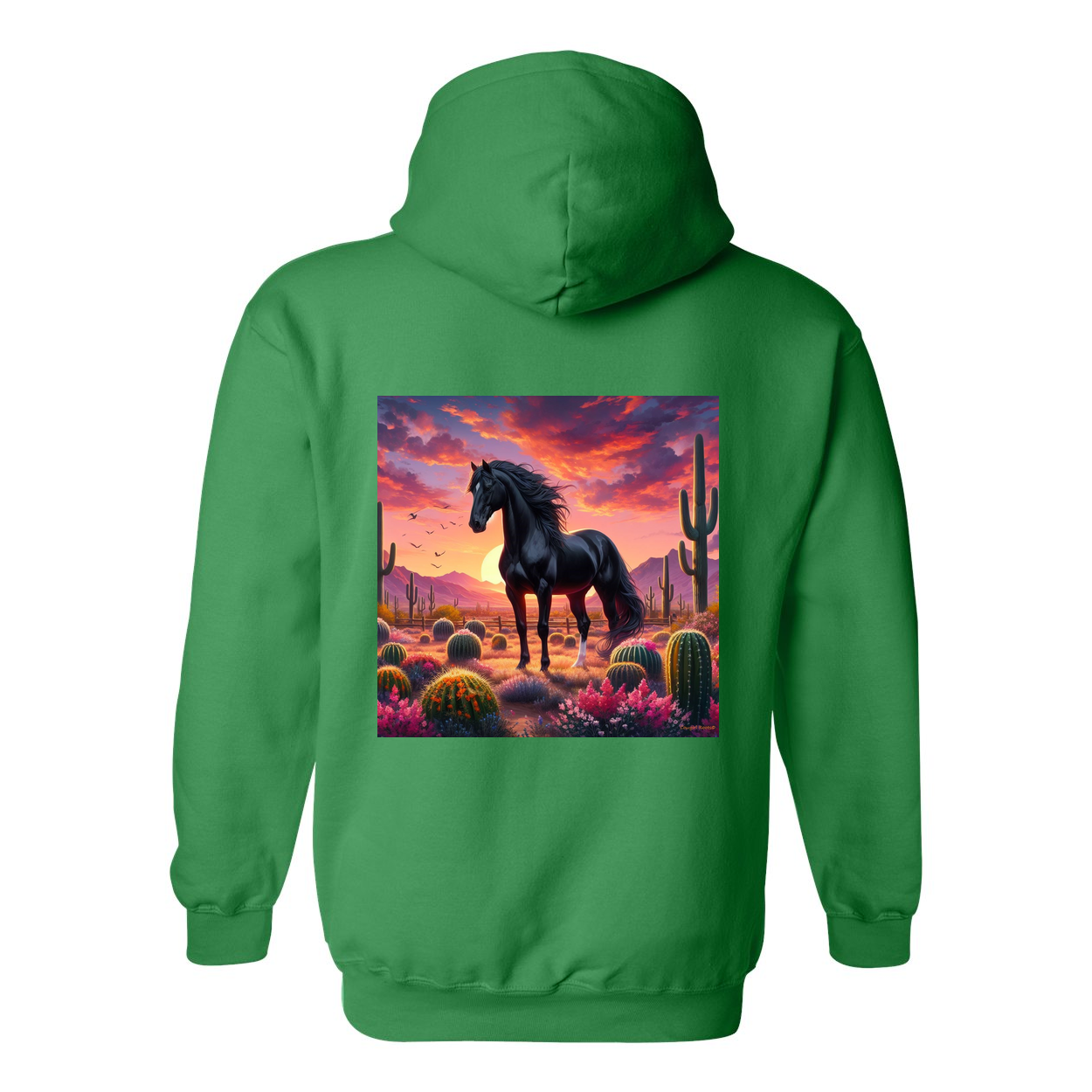 Black Stallion Desert Sunset Design on Back Front Pocket Hoodies