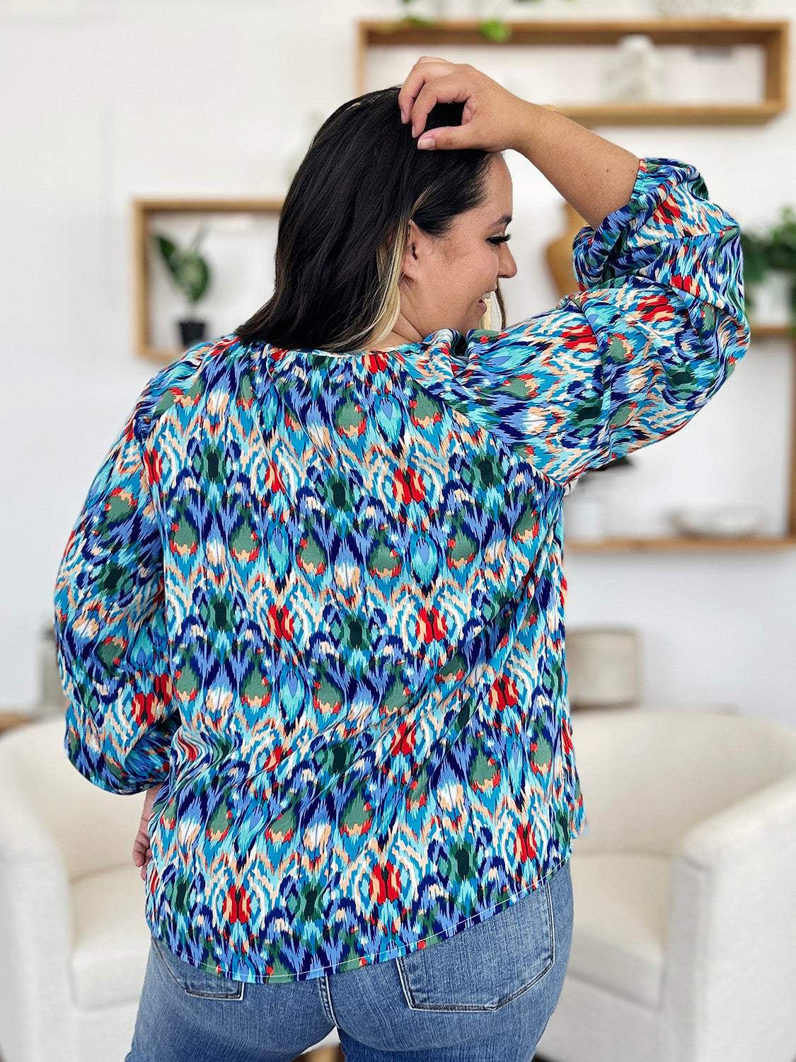 Double Take Full Size Printed Balloon Sleeve Blouse Choose Blue or Green